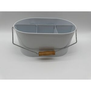 White" Lets  Eat "Metal Basket with 4 Compartments, Kitchen Utensil Holder